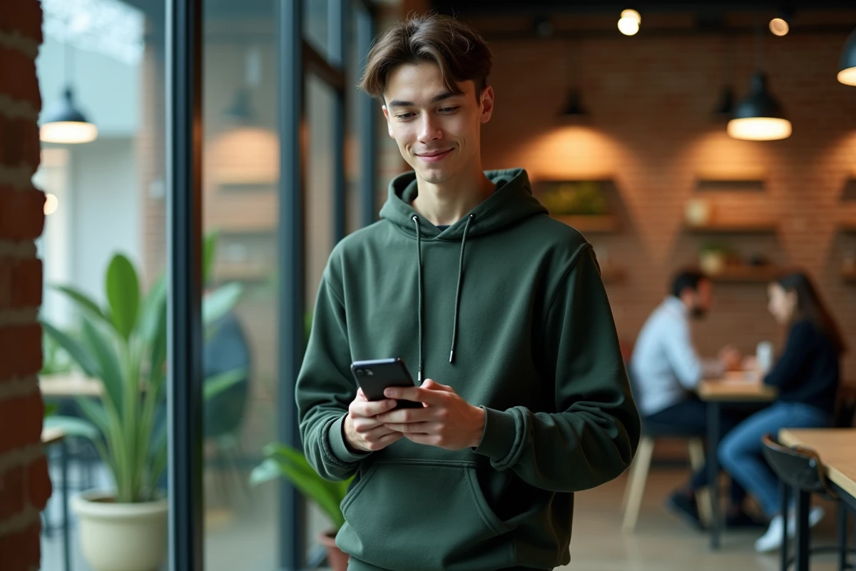 Jeune adulte vérifiant son compte SG via Logitelnet sur smartphone dans un espace de coworking moderne