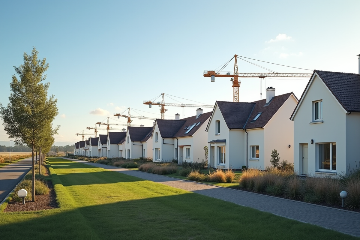 Maisons neuves en banlieue avec panneaux et grues de construction