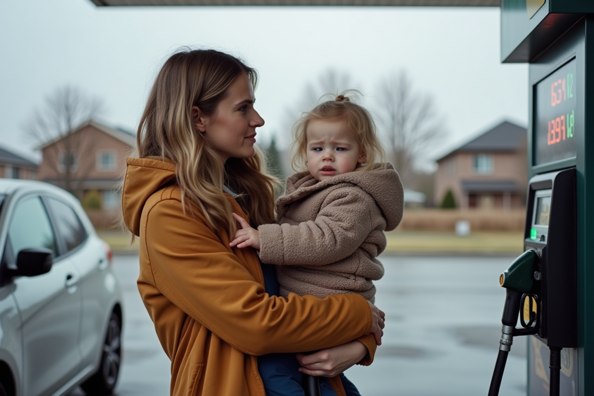 Maman avec son enfant faisant le plein à la station essence