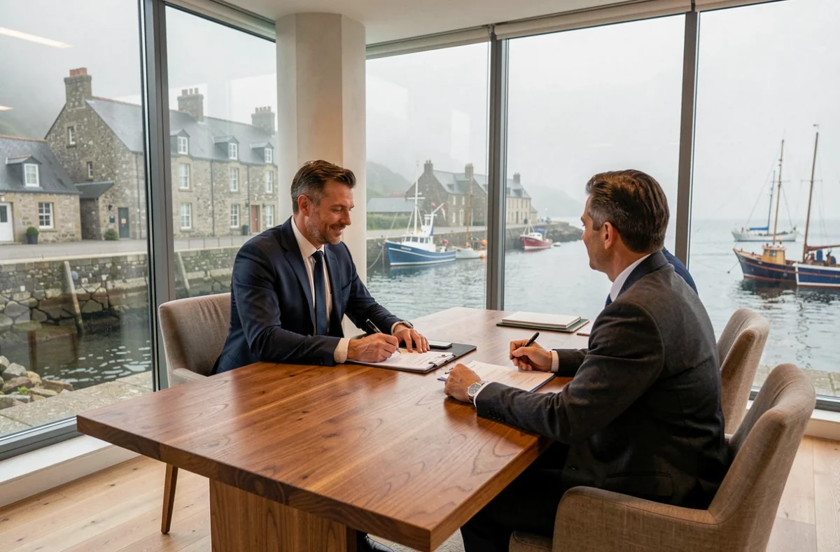Courtier en assurance breton consultant avec des clients dans un bureau moderne avec vue sur le port
