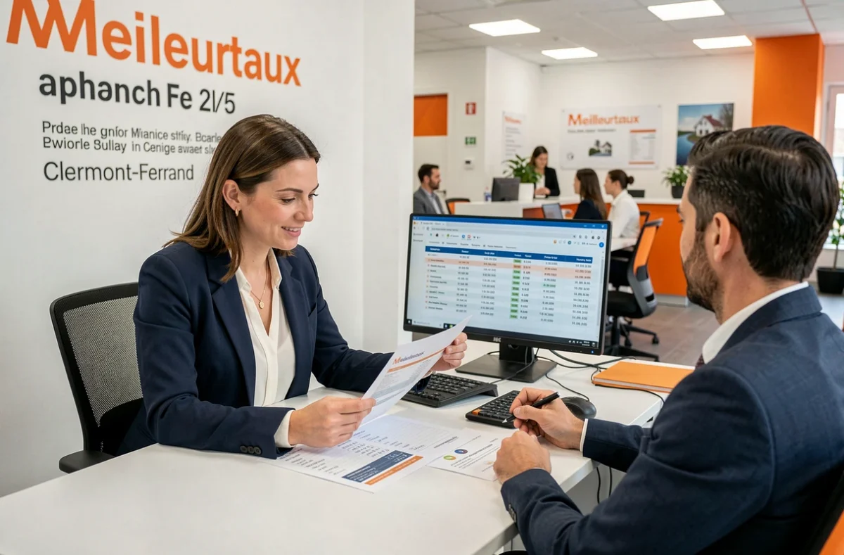 Conseillère Meilleurtaux en agence de courtage à Clermont-Ferrand présentant une comparaison de prêts professionnels