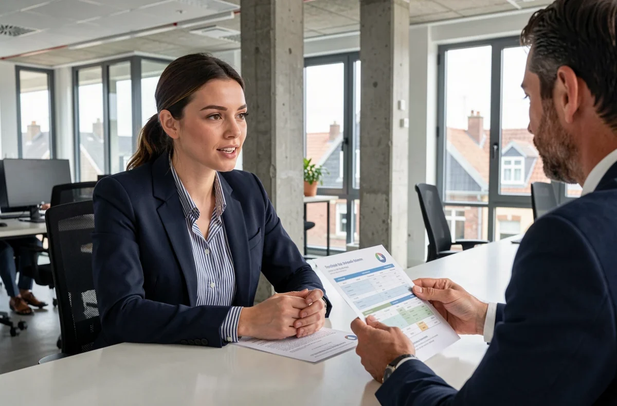 Conseillère Meilleurtaux à Rennes comparant des offres d'assurance et de crédit avec un client