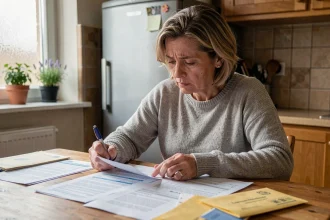 Femme consultant ses avis d'impôts fonciers à la table de cuisine avec des documents fiscaux étalés