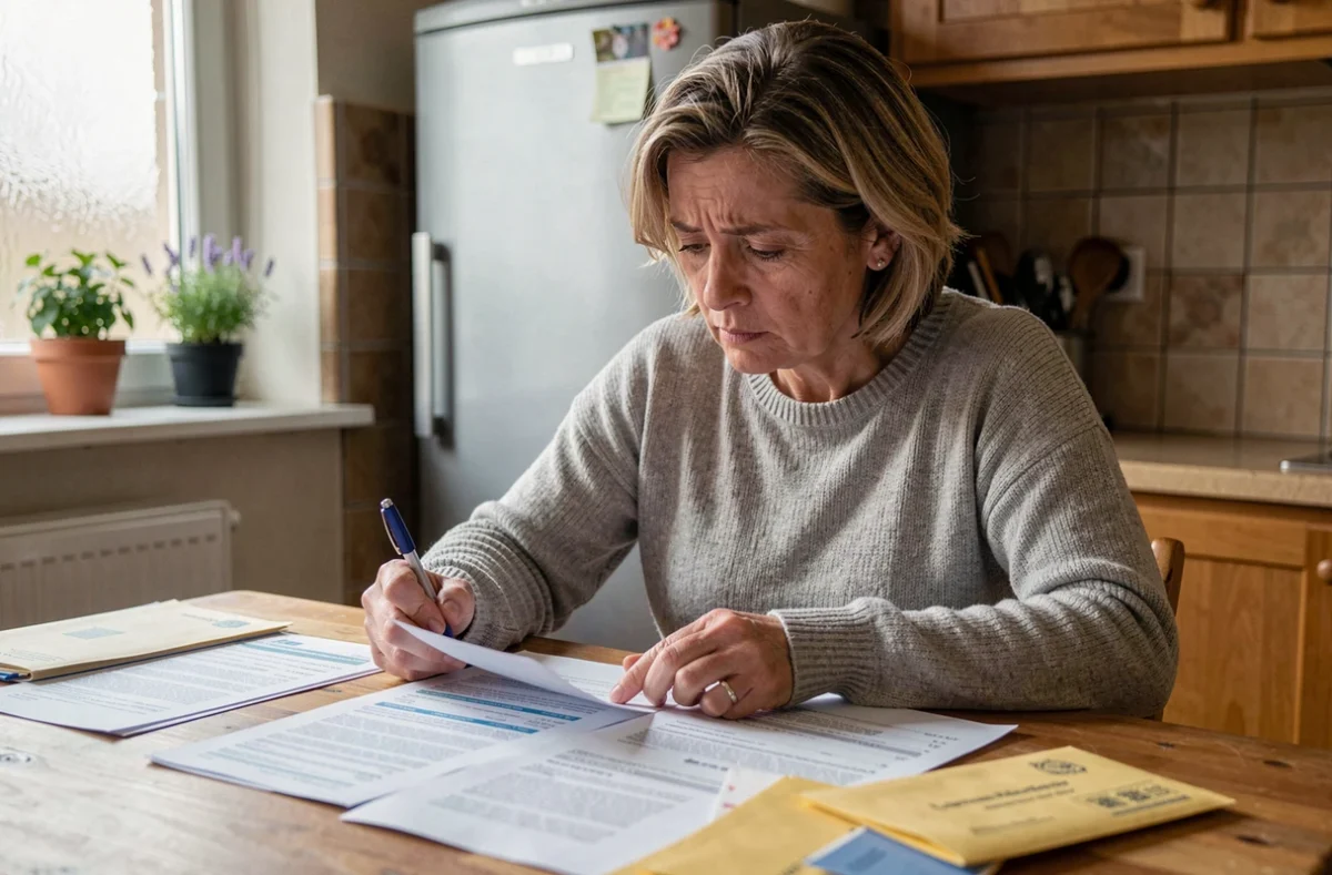 Femme consultant ses avis d'impôts fonciers à la table de cuisine avec des documents fiscaux étalés