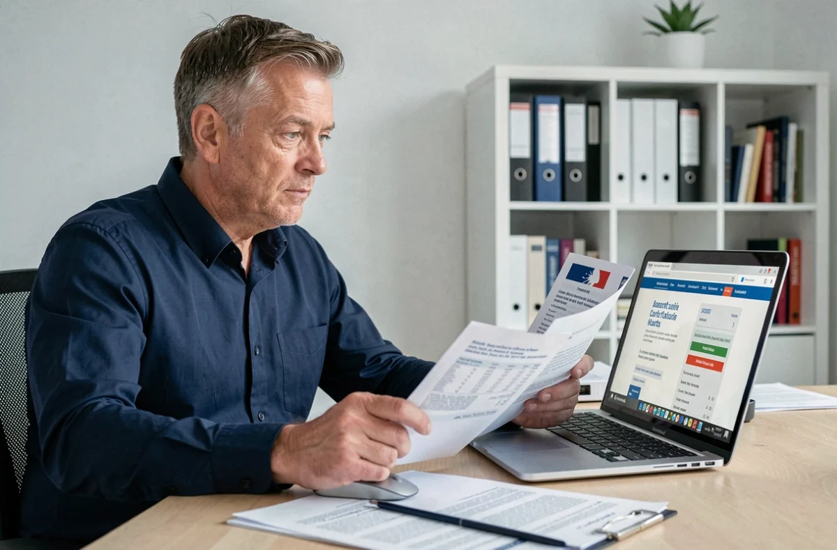 Homme gérant la mensualisation de ses impôts fonciers en ligne sur un ordinateur portable au bureau à domicile