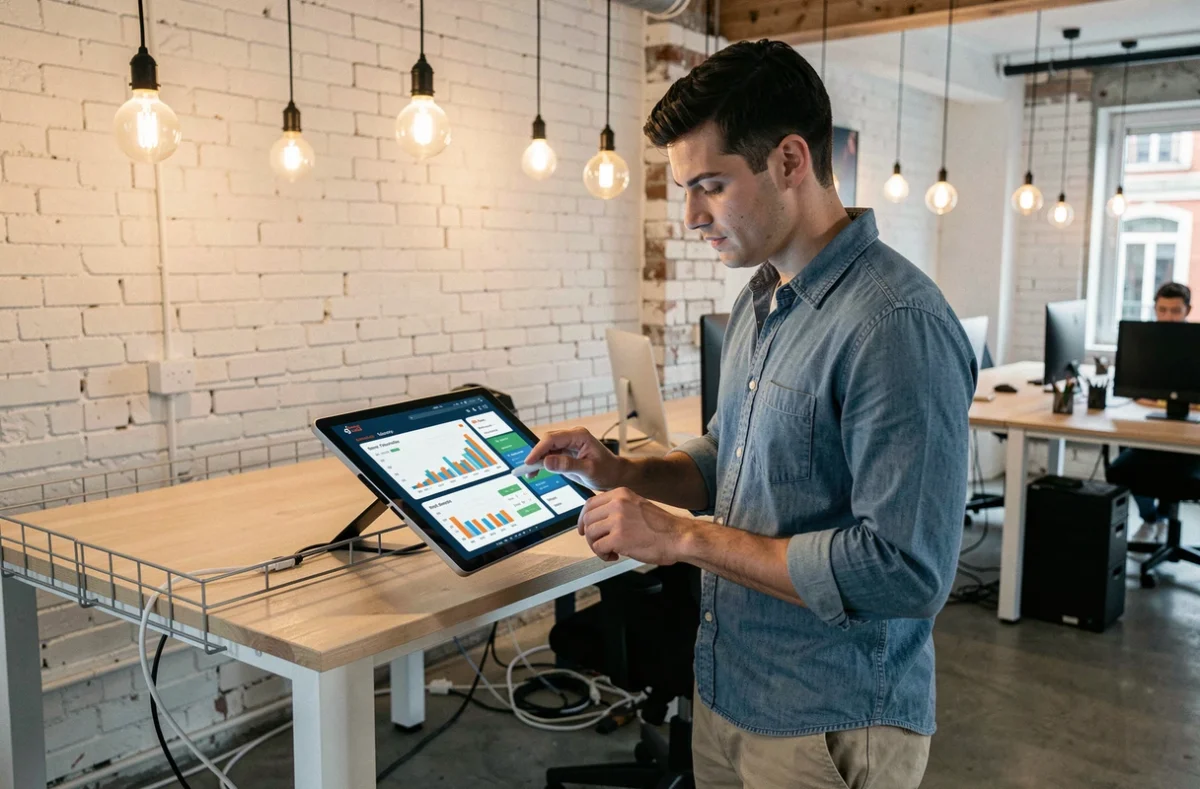 Jeune comptable utilisant une tablette tactile dans les bureaux modernes de Numbr Nice