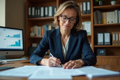 Femme professionnelle organisant des documents juridiques et financiers pour constituer un dossier de tutelle sur un bureau en bois