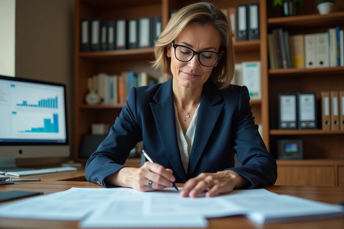 Femme professionnelle organisant des documents juridiques et financiers pour constituer un dossier de tutelle sur un bureau en bois