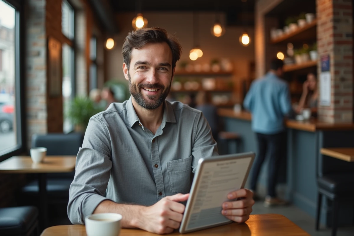Homme complétant une demande d'ouverture de compte HSBC en ligne sur une tablette dans un café urbain