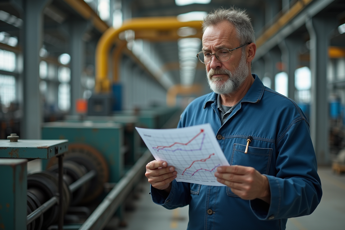 Ouvrier industriel regardant des graphiques de coûts en usine