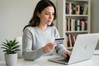 Femme payant une facture Free en ligne par carte bancaire sur son ordinateur portable à domicile