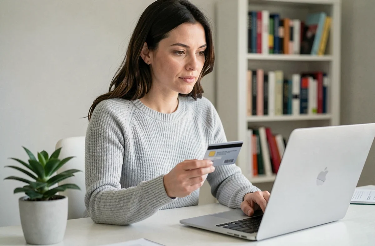 Femme payant une facture Free en ligne par carte bancaire sur son ordinateur portable à domicile