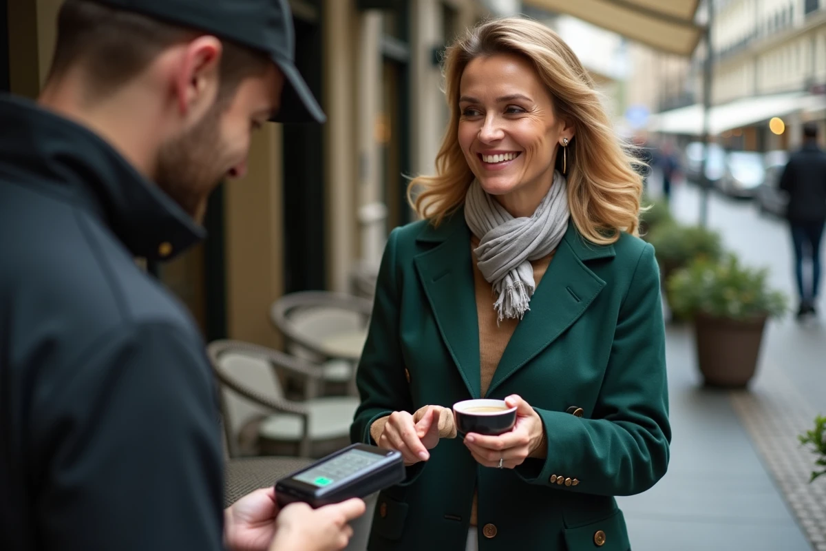 Femme payant avec sa montre connectée via Apple Pay et une carte virtuelle Virtualis CMB en terrasse de café à Paris