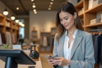 Femme utilisant Apple Pay sur son smartphone pour un paiement sans contact en boutique avec une carte virtuelle Virtualis