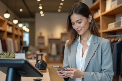 Femme utilisant Apple Pay sur son smartphone pour un paiement sans contact en boutique avec une carte virtuelle Virtualis
