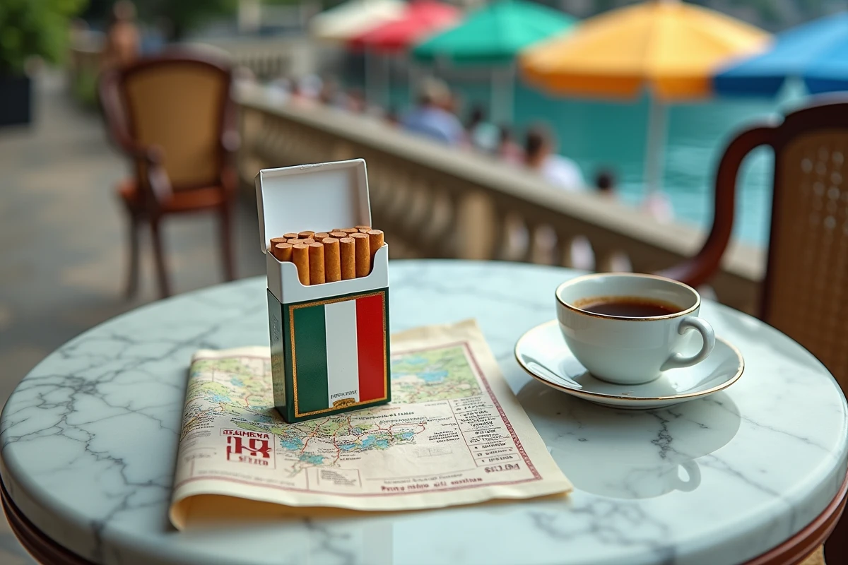 Paquet de cigarettes italiennes avec reçu en euros sur une table de café en bord de mer, illustration du coût du tabac en Italie