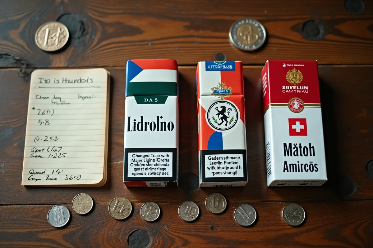 Vue aérienne de paquets de cigarettes suisses avec des pièces en euros et en francs suisses sur une table en bois de café