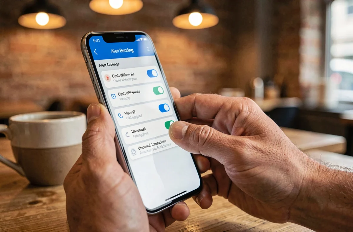 Paramétrage des alertes de débit cash sur une application bancaire depuis un café