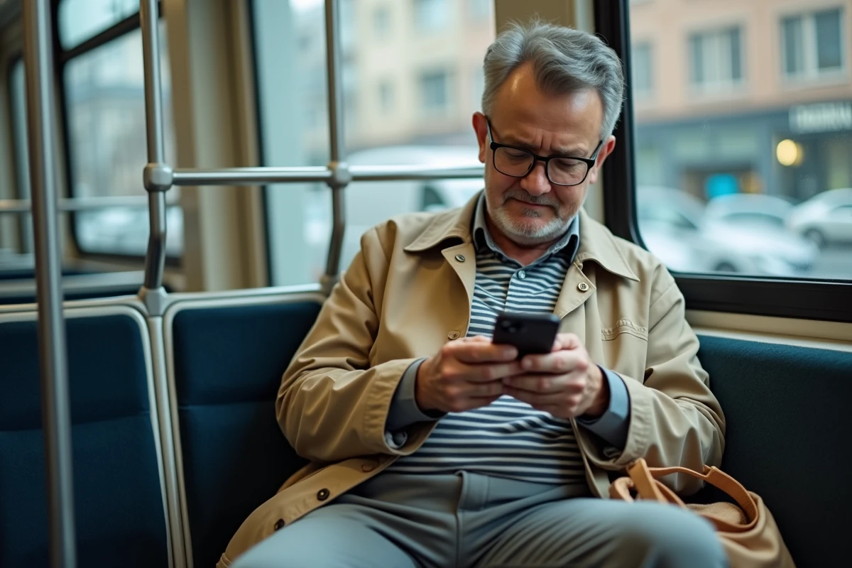 Personne seule consultant les aides RSA sur son smartphone dans les transports en commun