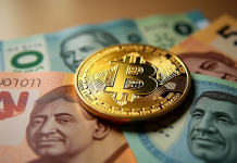 Pièce de Bitcoin dorée sur des billets de livre égyptiens