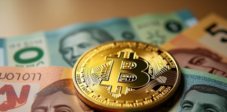 Pièce de Bitcoin dorée sur des billets de livre égyptiens