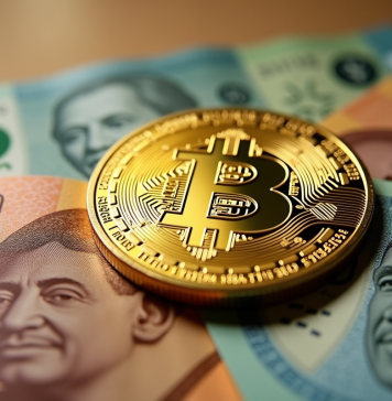 Légalité du bitcoin en Egypte : tout ce qu’il faut savoir Pièce de Bitcoin dorée sur des billets de livre égyptiens