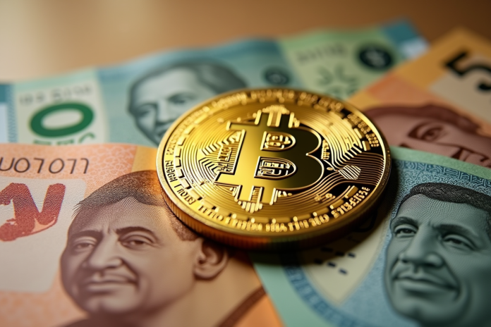 pice-bitcoin-egypte Pièce de Bitcoin dorée sur des billets de livre égyptiens