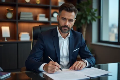 Pr&eacute;sentateur homme en costume dans un bureau &eacute;l&eacute;gant