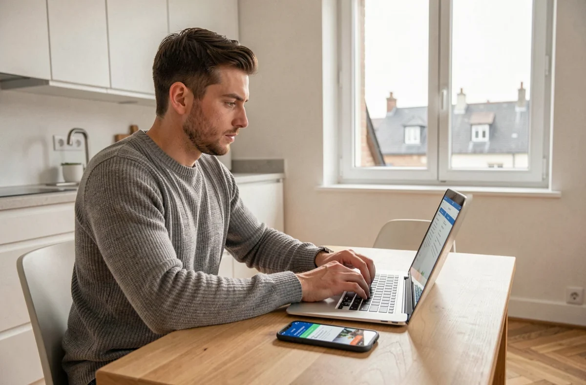 Jeune propriétaire breton souscrivant une assurance emprunteur en ligne avec Pretto depuis son appartement