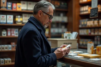 Un homme suisse examine un paquet de cigarettes dans un bureau de tabac avec un tableau de prix affiché en euros et en francs suisses
