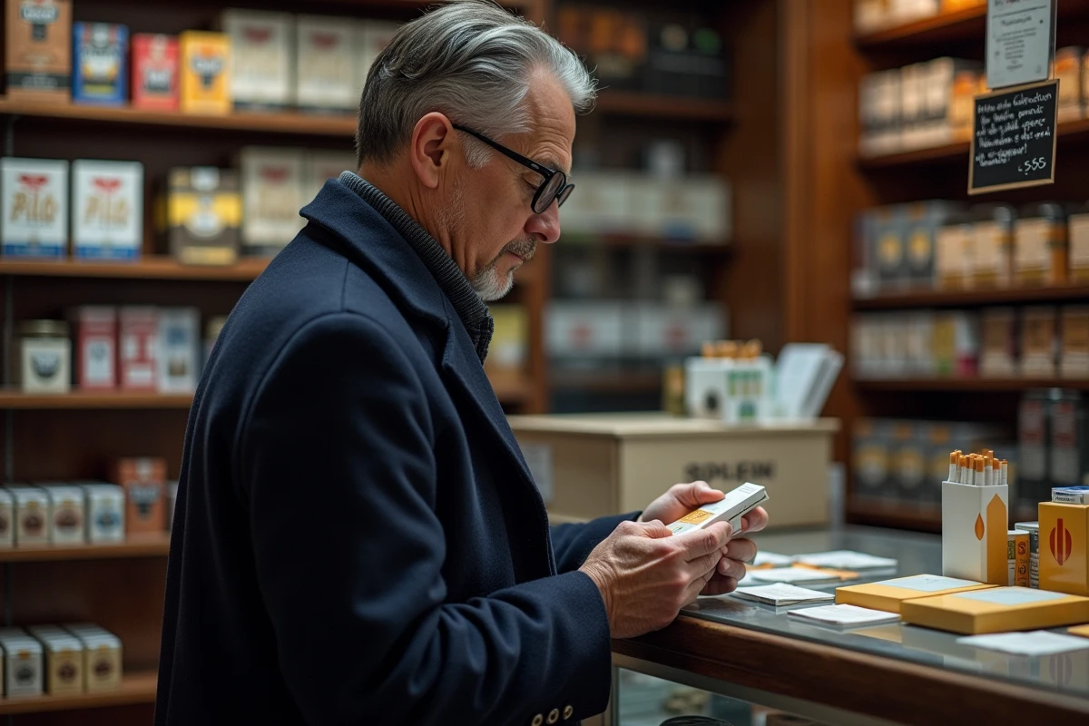 Un homme suisse examine un paquet de cigarettes dans un bureau de tabac avec un tableau de prix affiché en euros et en francs suisses