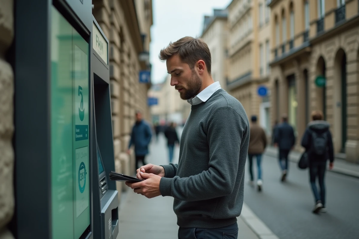 Professeur de collège vérifiant son solde bancaire à un distributeur automatique en ville en fin de mois