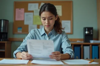 Jeune professeure débutante analysant sa fiche de paie dans la salle des professeurs d'un établissement scolaire