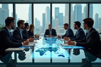 Groupe de professionnels en réunion avec cartes et graphiques