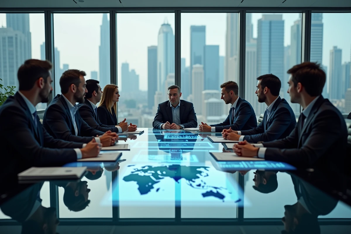 Groupe de professionnels en réunion avec cartes et graphiques