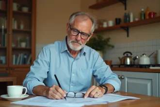 Propriétaire étudiant des documents de taxe foncière à son bureau pour une location à un proche