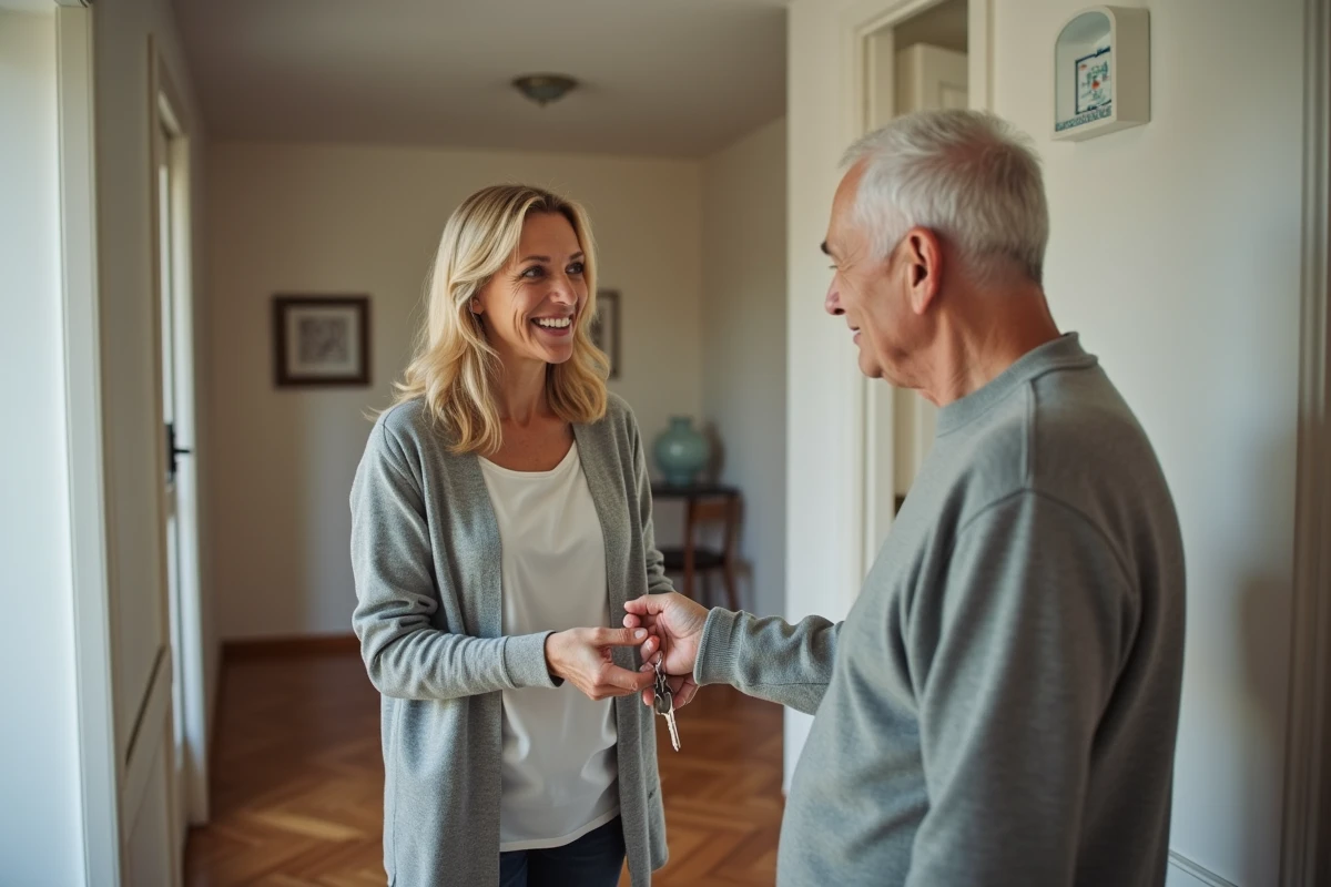 Propriétaire remettant les clés d'un appartement en location à un membre de la famille
