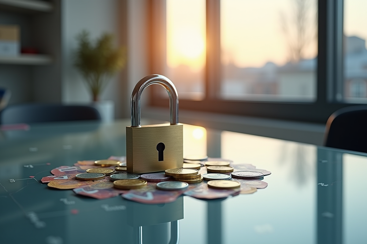 Concept de blockchain sécurisé avec un cadenas et des euros dans un bureau français