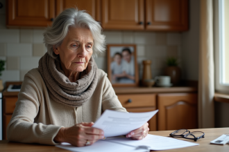 Femme retraitée lisant des documents dans sa cuisine chaleureuse