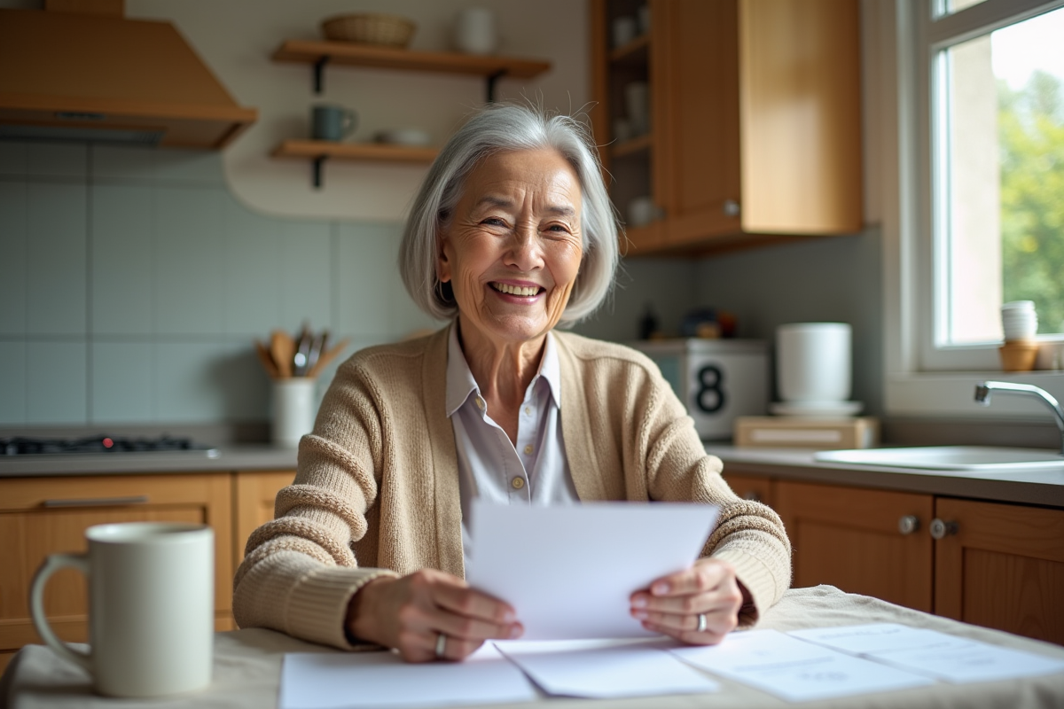 Femme retraitée souriante tenant un cheque de pension dans sa cuisine