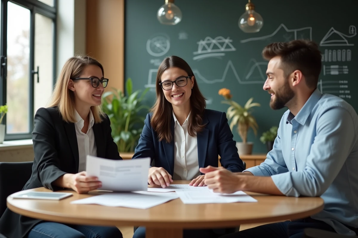 Groupe de trois entrepreneurs en réunion dans une salle lumineuse