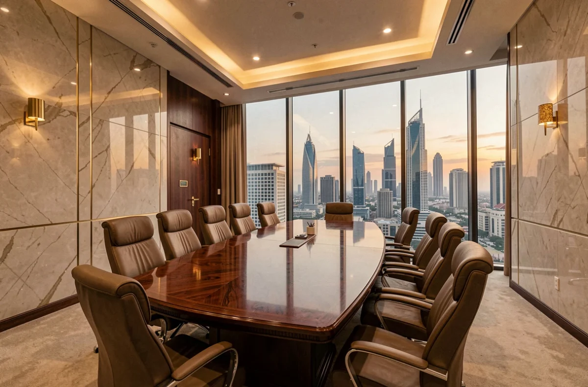Salle de conseil de direction de luxe avec vue sur une métropole du Moyen-Orient, évoquant les institutions financières qatariennes et le fonds souverain du Qatar