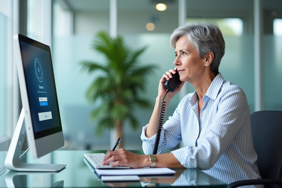 Femme senior contactant le service client de sa banque depuis son bureau pour résoudre un problème de connexion