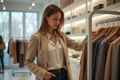 Femme faisant du shopping dans une boutique de mode moderne avec une carte cadeau Kadéos Infini