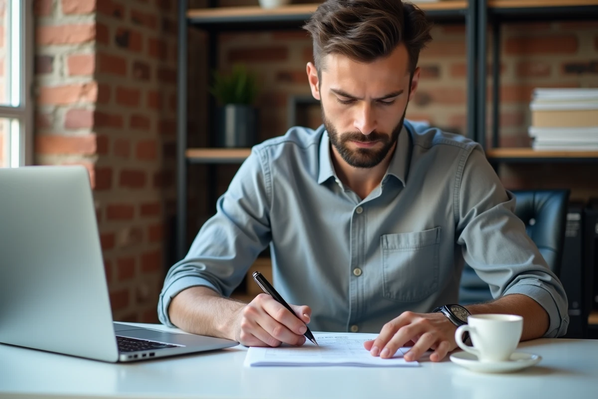 Entrepreneur signant une facture avec paiement comptant &agrave; son bureau