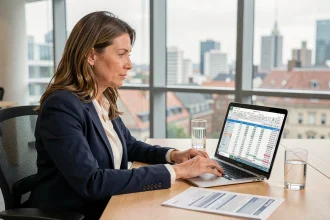 Femme cadre utilisant une calculatrice en ligne pour simuler son changement de poste au Luxembourg