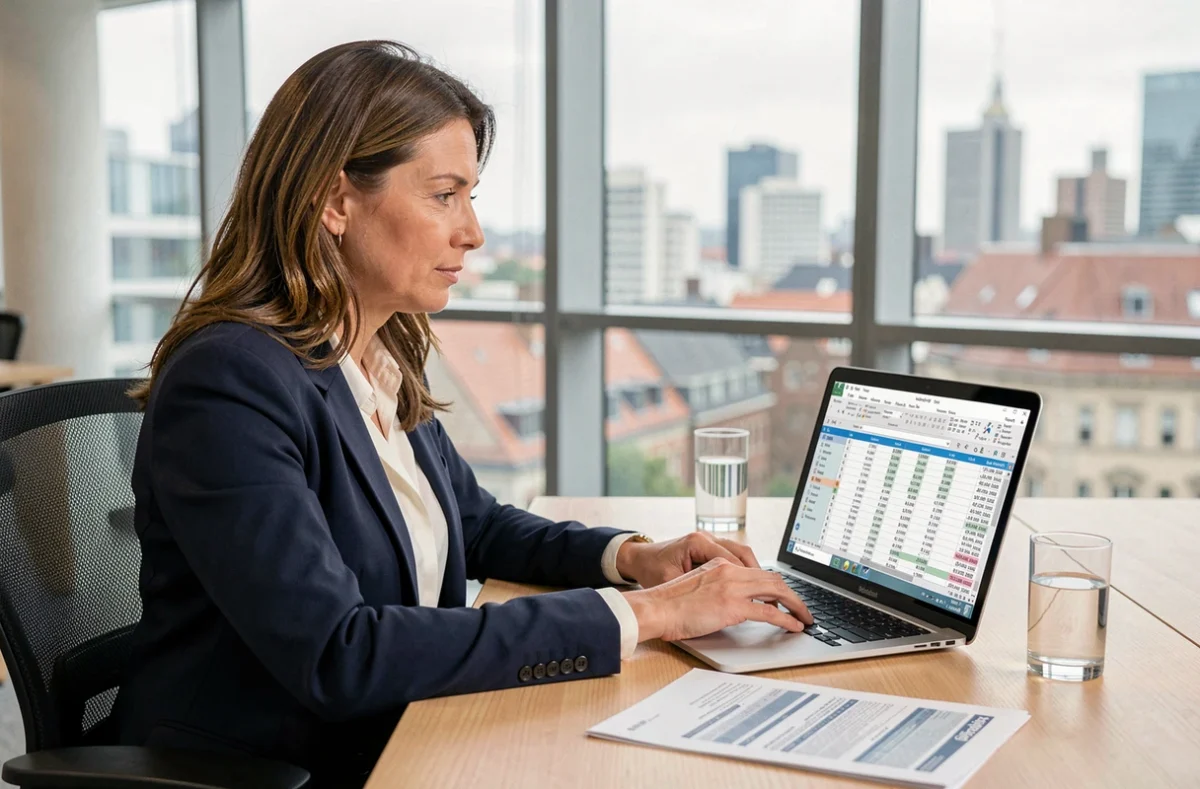 Femme cadre utilisant une calculatrice en ligne pour simuler son changement de poste au Luxembourg