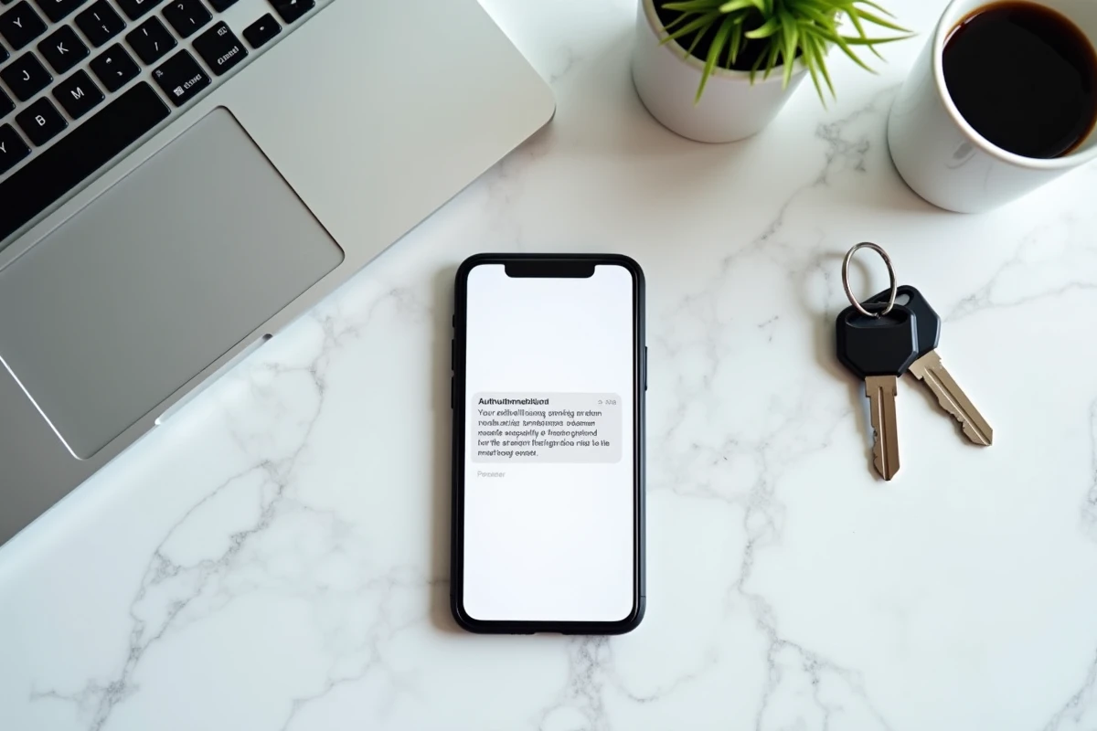 Vue en plongée d'un smartphone affichant un SMS de double authentification Cyberplus posé sur un plan de travail en marbre avec un ordinateur portable