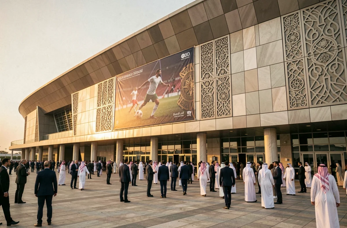 Extérieur d'un stade de football moderne au design arabe avec des spectateurs en tenue professionnelle et traditionnelle qatarienne, illustrant l'investissement du Qatar dans le sport mondial via le PSG et QSI