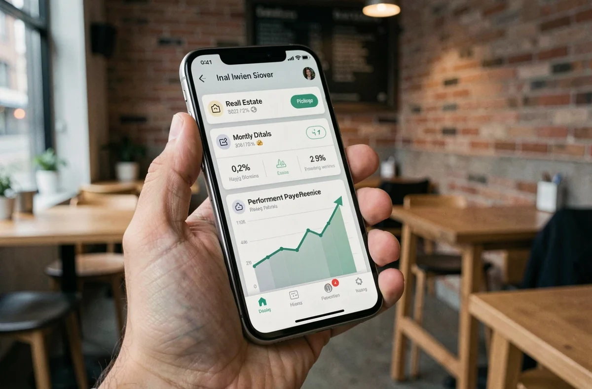 Main tenant un smartphone affichant une application de suivi de dividendes mensuels de SCPI dans un café urbain